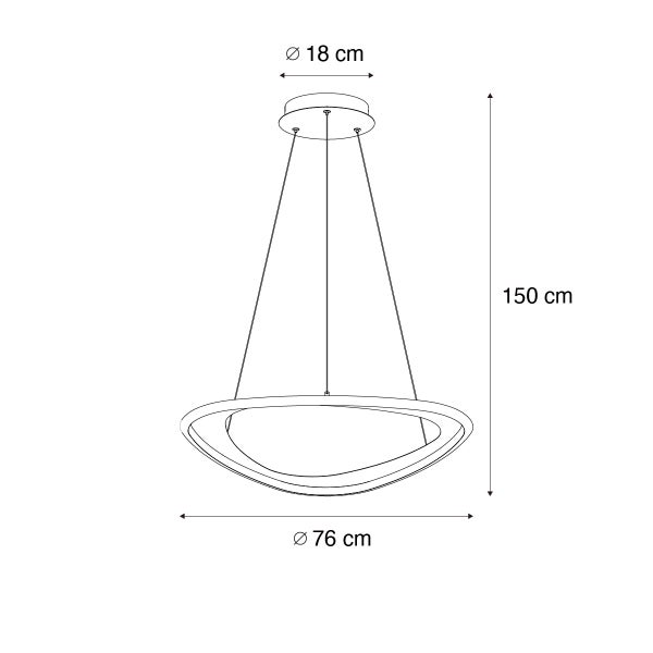 Technische Zeichnung einer Pendelleuchte mit den Maßen 150 cm Höhe und 76 cm Durchmesser des Lampenschirms
