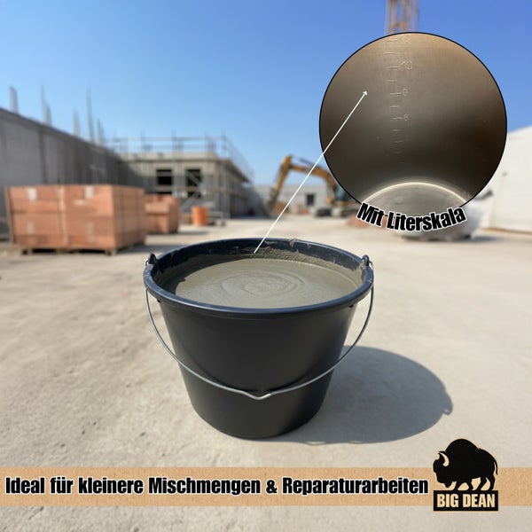Maurereimer aus Kunststoff mit Metallhenkel und integrierter Literskala zur Mengendosierung bei Bauarbeiten und Reparaturen auf der Baustelle.