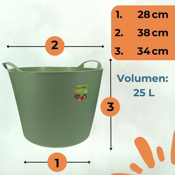 Grüne Gartentrage mit den Maßen 28 cm Durchmesser unten, 38 cm Durchmesser oben und 34 cm Höhe, Volumen 25 Liter