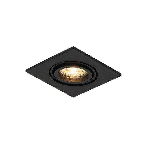 Quadratischer Einbaustrahler in Schwarz mit rundem, schwenkbarem Einsatz.