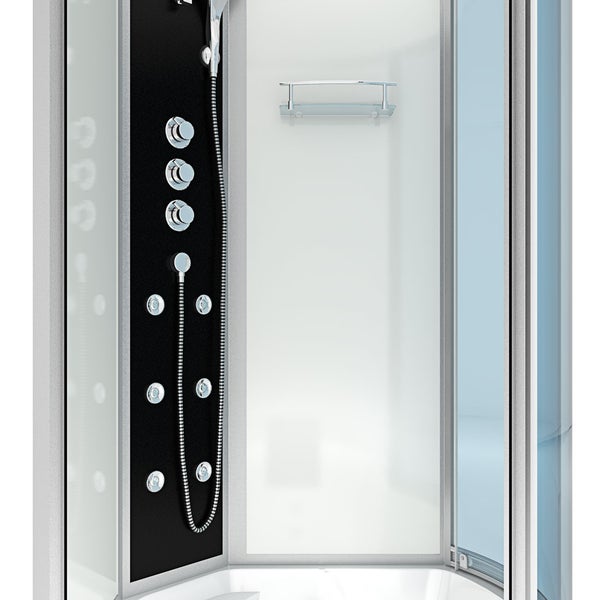 Innenansicht einer Duschkabine mit schwarzem Funktionspaneel, verchromten Massagedüsen, einer Handbrause und einer Glasablage.