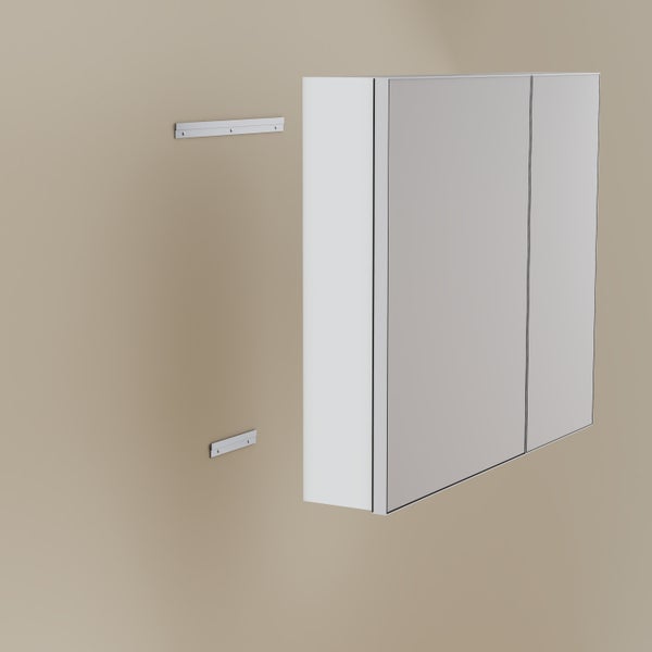 Badezimmer-Spiegelschrank mit zwei Türen und Montageschienen für die Wandmontage.