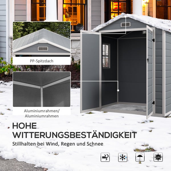 Outsunny Gerätehaus mit Pultdach, 2,12 m² Geräteschuppen mit Fenster, Handschuhe, für Garten, Balkon, 183 x 134 x 210 cm, Grau