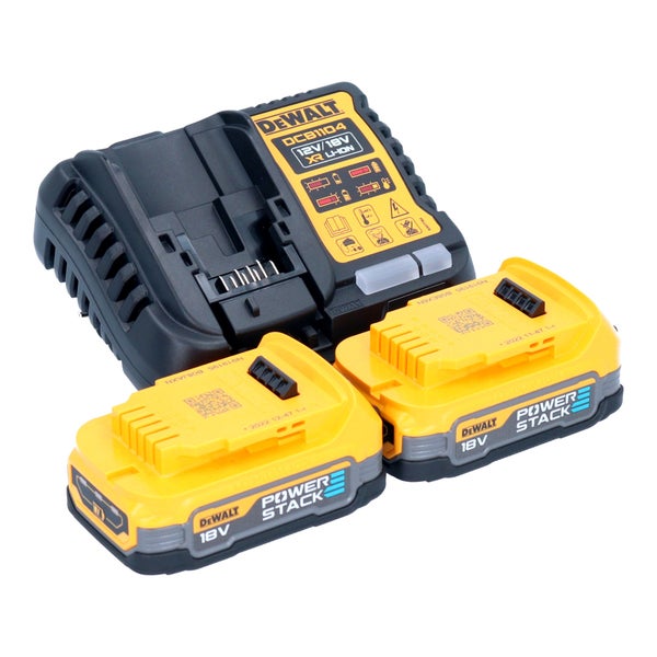 DeWalt Akku-Set bestehend aus einem Ladegerät und zwei 18 Volt Powerstack Akkus.
