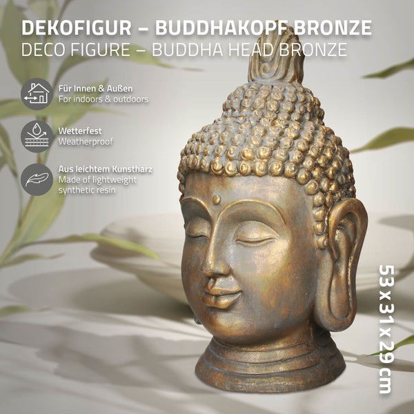 ECD Germany Buddha Figur Kopf Statue 53 cm, Polyresin, Bronzeoptik, für Yoga, Feng Shui oder Meditationsraum, Haus, Wohnung & Garten, Innen/Außen, Garten Dekoration Deko Skulptur Dekofigur Gartenfigur