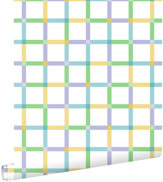 Tapetenrolle mit einem Karomuster aus pastellfarbenen Linien auf weißem Grund.
