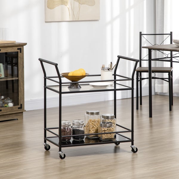 HOMCOM Küchenwagen, Rollwagen, Servierwagen mit 2 Ablagen, Trolley, Beistellwagen auf Rollen, Aufbewahrungswagen für Küche, Metall, Schwarz, 75 x 40 x 80 cm