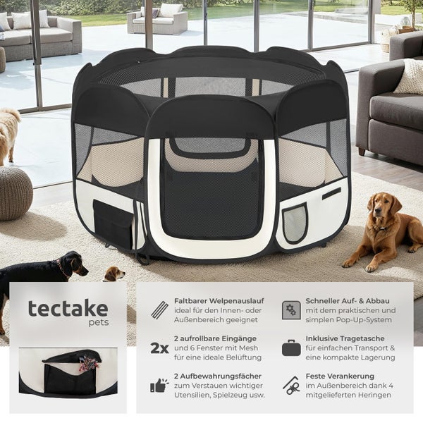 Faltbares Welpengehege von tectake pets mit Mesh-Fenstern und Hunden im Innenbereich
