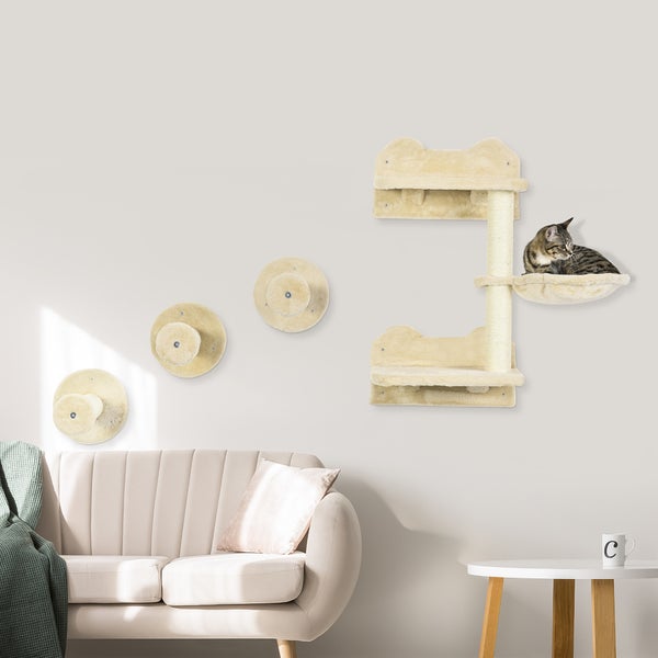 PawHut Katzen Kletterwand, 4-teilig, Katzenkletterwand, inkl. 1 x Sprungturm, 3 x Kratzbäume, Kletterwand Set, Kratzbaum mit Hängematte, Wandliege Katzen, Katzentreppe, Sisal, Beige+Cremeweiß
