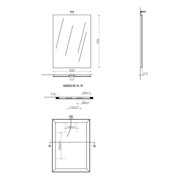 Technische Zeichnung eines rechteckigen Spiegels mit Maßangaben