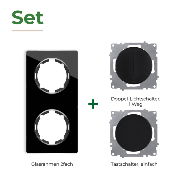 Set bestehend aus einem zweifachen Glasrahmen, einem Doppellichtschalter und einem einfachen Tastschalter zur Unterputzmontage.