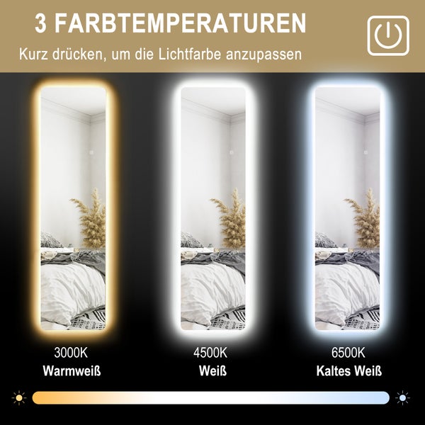 HOMCOM Ganzkörperspiegel mit LED-Beleuchtung, 150 x 40 cm Standspiegel mit 3 Lichtfarben, Wandspiegel mit Ständer, Touch-Schalter für Schlafzimmer, Wohnzimmer, Transparent