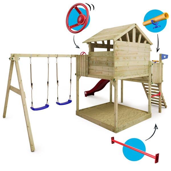 WICKEY Spielturm Klettergerüst Smart Peak mit Schaukel und Rutsche, Stelzenhaus mit Sandkasten, Kletterleiter und Spiel-Zubehör - rot