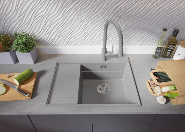 PRIMAGRAN Spülbecken Grau 62x50cm, Granitspüle 1 Becken + Ablauf-Set + Küchenzubehörset, Küchenspüle ab 45er Unterschrank - Sydney