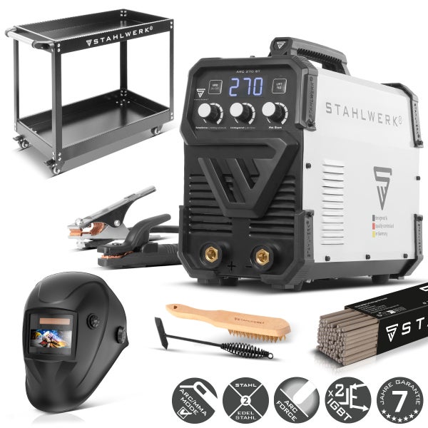 STAHLWERK Schweißgerät ARC 270 ST Set mit Schweißwagen, Schweißhelm, Elektroden und Werkzeug. Elektrodenschweißen und sieben Jahre Garantie.