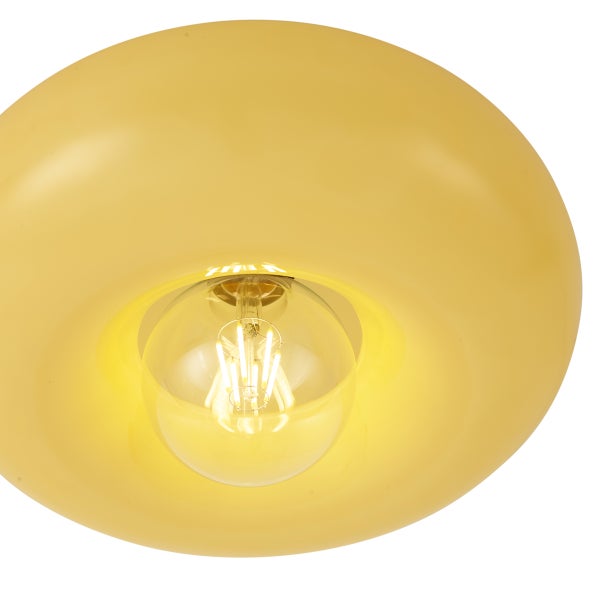 Runde, gelbe Glasleuchte in Donut-Form mit einem sichtbaren LED-Filament-Leuchtmittel in der Mitte.