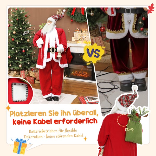 Collage einer stehenden Weihnachtsmann-Figur in rotem Anzug, batteriebetrieben ohne Kabel für flexible Dekoration neben Weihnachtsbaum und Kamin.