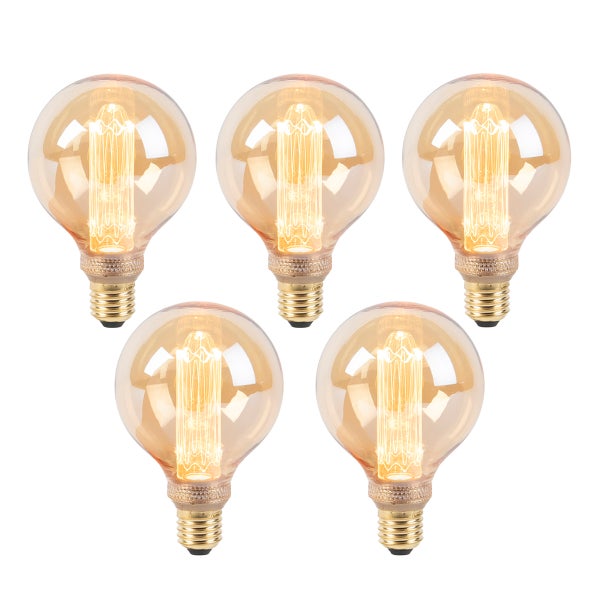 Fünf LED-Globelampen mit E27-Sockel und sichtbaren Glühfäden im Vintage-Design.