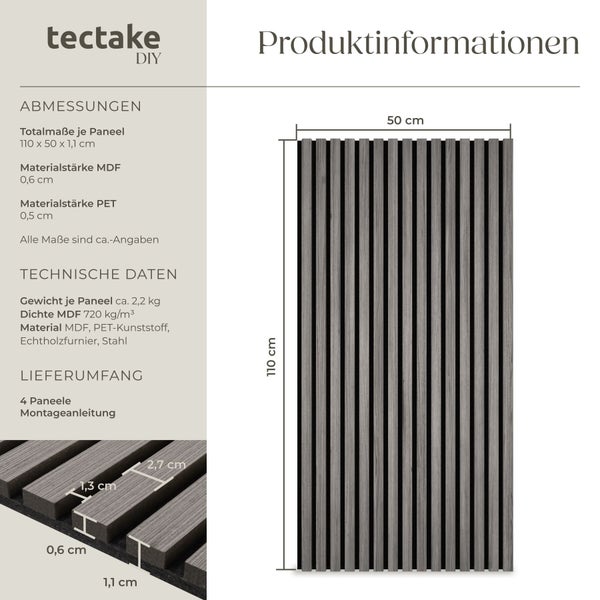 tectake DIY Logo. Produktinfo für Akustikpaneele, Maße 110 mal 50 mal 1,1 Zentimeter, technische Daten, Materialstärken und Lieferumfang.