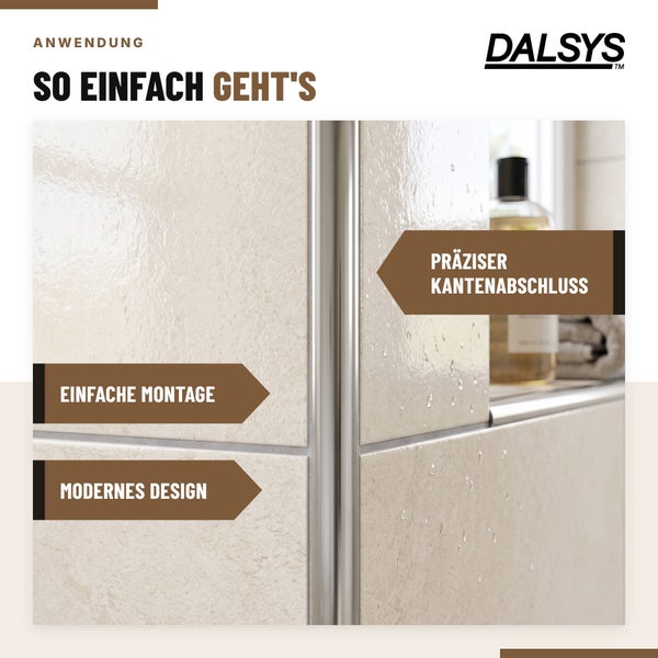Anwendungsbeispiel für Dalsys Fliesenprofil als präziser Kantenabschluss an einer gefliesten Wand mit Hinweisen auf einfache Montage und Design.