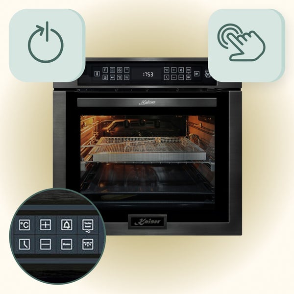 Kaiser Einbaubackofen mit Touch Bedienung und digitalem Display, Front aus schwarzem Glas und Metall, inklusive Backblech und Grillrost.