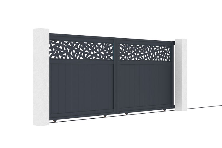 Zweiteiliges Schiebetor aus Aluminium mit dekorativem geometrischem Muster im oberen Bereich und blickdichtem Paneel unten.