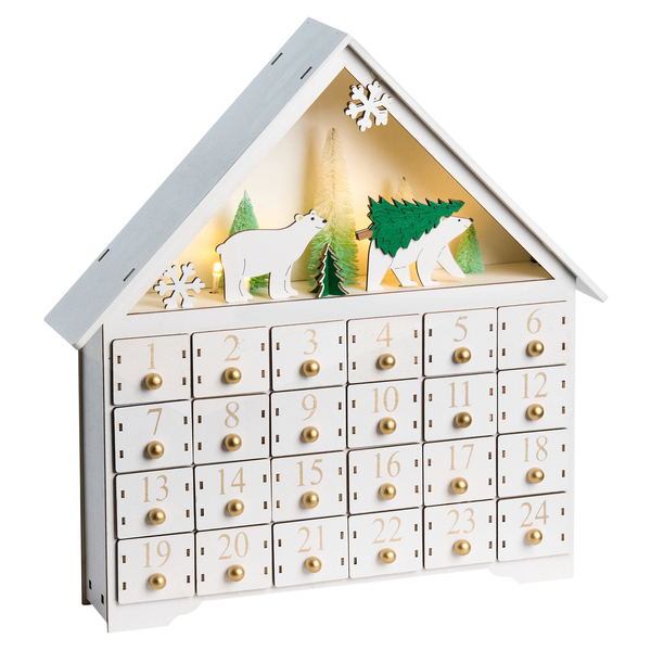 Weihnachtlicher Adventskalender in Hausform mit 24 nummerierten Schubladen, Bäumen und Bärenfiguren.