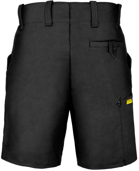 Schwarze Arbeitsshorts mit Gürtelschlaufen und mehreren Taschen, inklusive einer Beintasche.