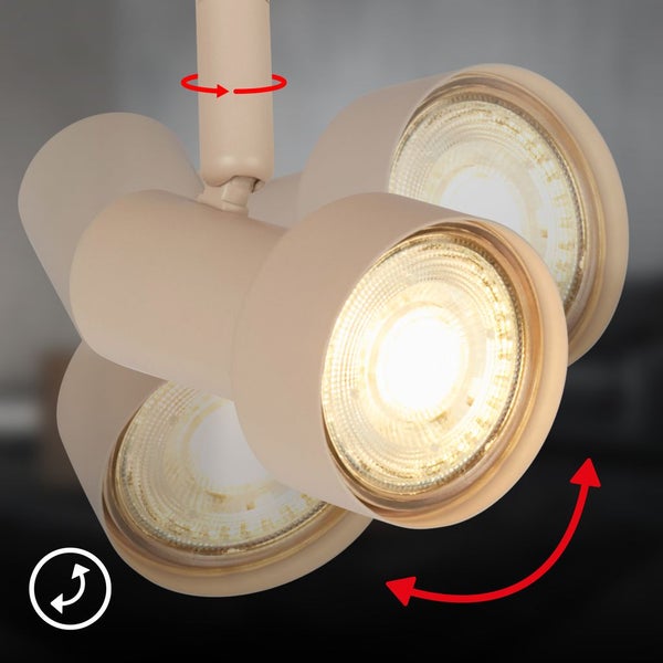 Verstellbarer Strahlerkopf in Sandfarben mit Anzeige des Dreh- und Schwenkbereichs durch Pfeile.