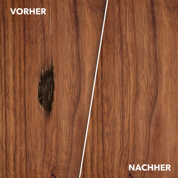 Vorher Nachher Vergleich einer Holzoberfläche mit reparierter Beschädigung