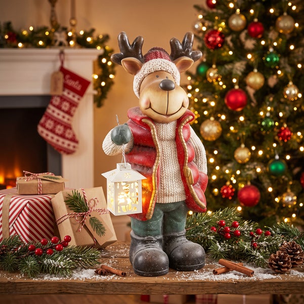 Dekorative Rentierfigur mit Laterne vor einem beleuchteten Weihnachtsbaum und Kamin im Hintergrund.