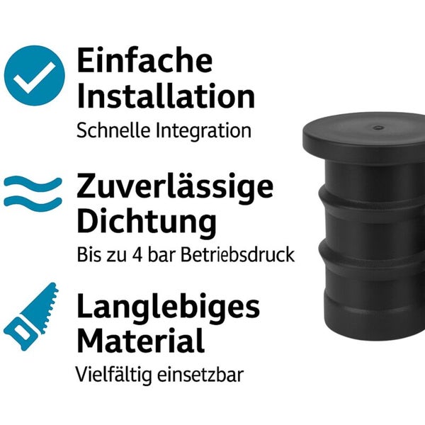 Schwarzer Kunststoffstopfen mit Hinweisen zu einfacher Installation, zuverlässiger Dichtung bis 4 Bar und langlebigem Material.