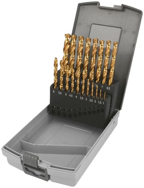 19-teiliges HSS-TiN Metallbohrer-Set in einer Kunststoffkassette, Größen 1 bis 10 Millimeter.