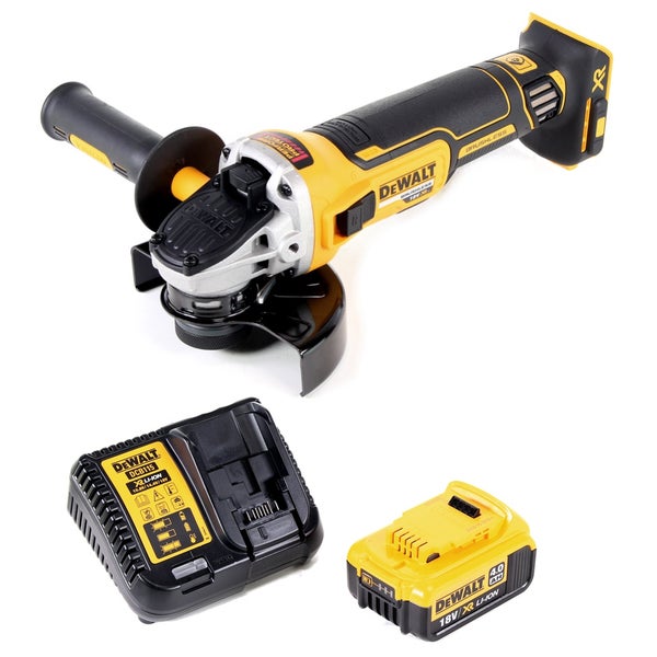 DeWalt Akku-Winkelschleifer mit Akku und Ladegerät für handwerkliche Arbeiten.