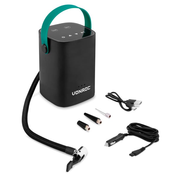 VONROC Kabelloser Mini-Kompressor 12V mit integriertem 2,0Ah-Akku - Digitales Display/Manometer
