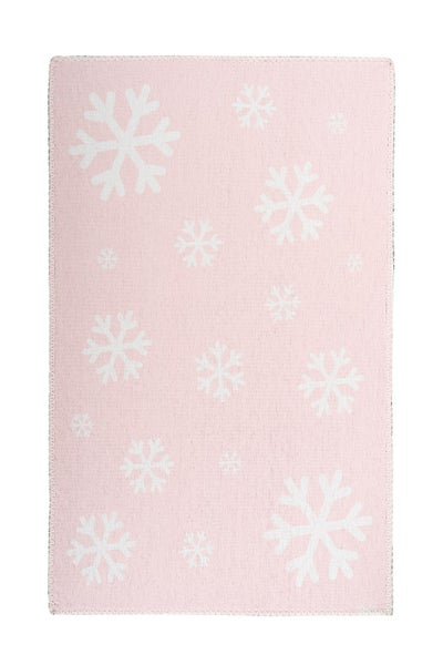 Rechteckiger Teppich mit Schneeflockenmuster in Rosa und Weiß.