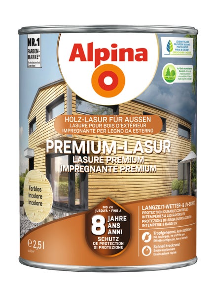 Alpina Premium-Lasur für außen in Farblos, 2,5 Liter. Holzlasur auf Basis nachwachsender Rohstoffe mit bis zu 8 Jahren Schutz. Alpina Logo.