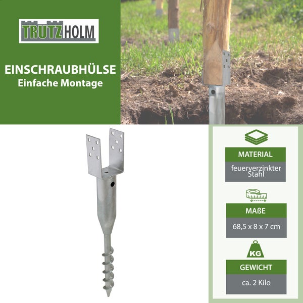 Trutzholm Einschraubhülse aus feuerverzinktem Stahl mit U-Aufnahme zur Bodenbefestigung von Pfosten, Maße 68,5 mal 8 mal 7 Zentimeter.