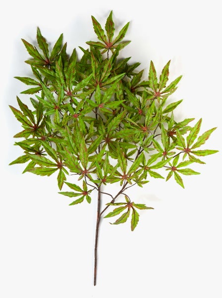 Künstlicher Ahornzweig mit grünen Blättern und rötlichen Blattadern für die Innendekoration.