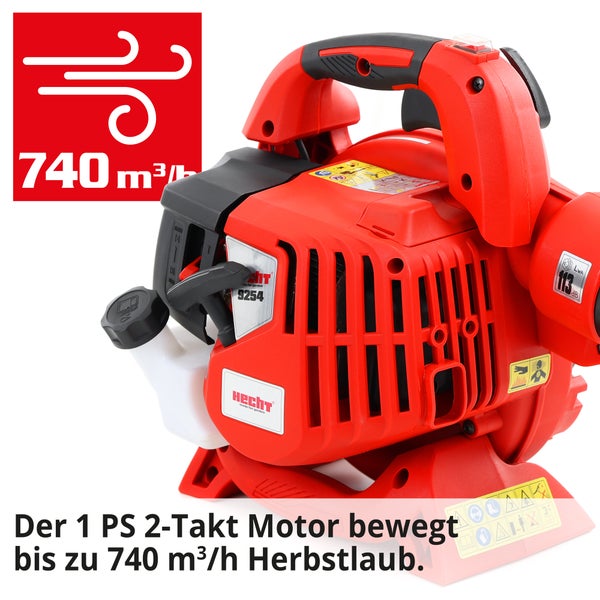 Hecht Laubbläser mit einer maximalen Blasgeschwindigkeit von 740 Kubikmeter pro Stunde.
