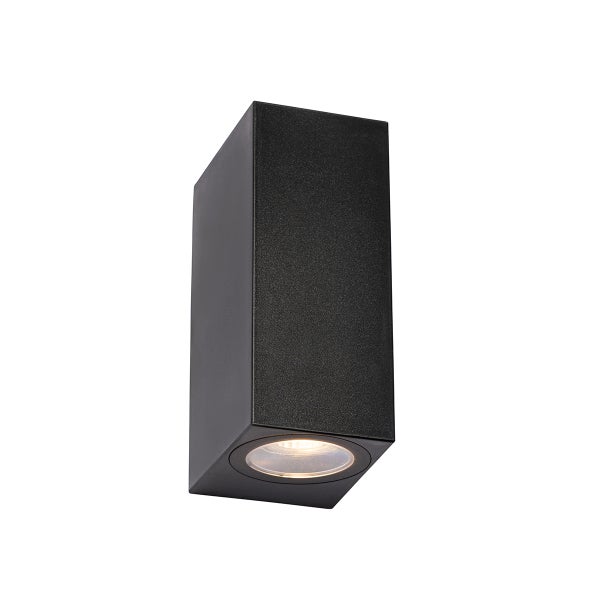 Schwarze Wandleuchte in rechteckiger Form mit Metallgehäuse und integrierter Lichtquelle an der Unterseite.