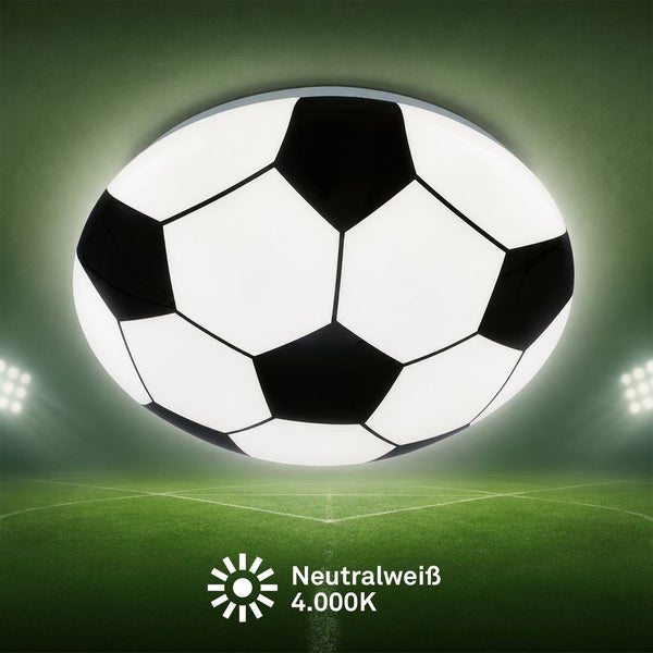LED Deckenleuchte in Fußball Optik mit neutralweißem Licht 4000 Kelvin für Kinderzimmer.