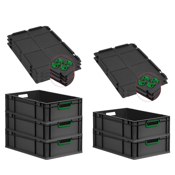 PROREGAL SuperSparSet 5x Eurobox NextGen Color mit Auflagedeckel und Schiebeschnappverschlüsse, HxBxT 17x40x60cm, 34 Liter, Schwarz, Griffe grün offen, Eurobehälter, Transportbox, Transportbehälter, Stapelbehälter