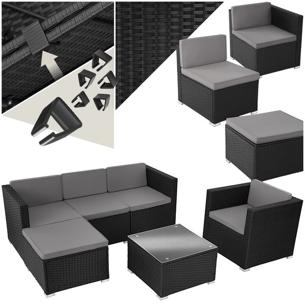 Rattan Lounge tectake Lignano variabel aufstellbar für 4 bis 5 Personen schwarz