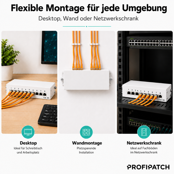 Patchpanel für Kategorie 6A mit 8 Ports auf dem Schreibtisch, an der Wand und im Netzwerkschrank. Profipatch Logo.