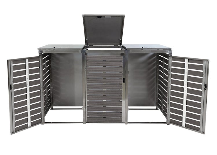 Mülltonnenbox mit drei Fächern, Fronttüren und Deckel zum Öffnen