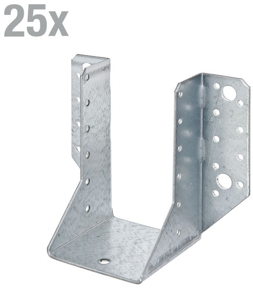 Set mit 25 Balkenschuhen aus verzinktem Stahl für Holzkonstruktionen.