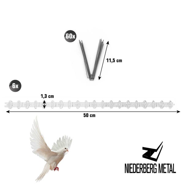 NIEDERBERG METALL Taubenabwehr Spikes - 300cm Kunststoff Tauben Abwehrleiste mit 60 Vogel Abwehr Spikes - Taubenabwehr Balkon Vogelabwehr für Dachbalken - Vogelschutz Dach Solaranlage Photovoltaik