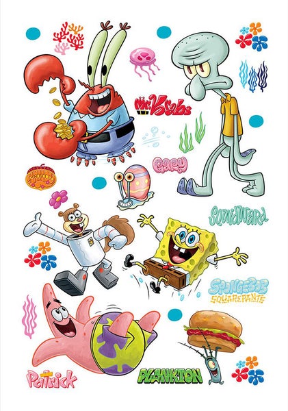 Wandsticker Set mit SpongeBob Schwammkopf Charakteren wie Patrick, Thaddäus, Mr. Krabs, Sandy, Gary und Plankton.