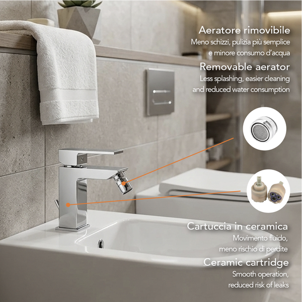 Verchromte Bidetarmatur mit Keramikkartusche und abnehmbarem Perlator, montiert auf einem weißen Bidet in einem modern gefliesten Badezimmer.